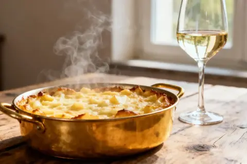 Croziflette fumante dans un plat en cuivre à côté d'un verre de vin blanc.