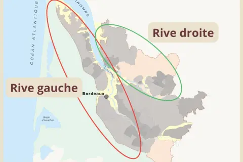 Carte de Bordeaux et ses environs, délimitant la rive gauche et la rive droite.
