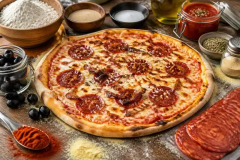 Une pizza chorizo appétissante, garnie de rondelles de chorizo croustillantes, entourée d'ingrédients frais : farine, olives, épices et sauce tomate.