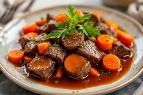 Un plat réconfortant de boeuf carottes mijoté, garni de persil frais. Les morceaux de viande tendres nagent dans une sauce riche, entourés de rondelles de carottes orangées.