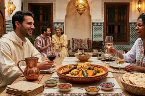 Un groupe d'amis partage un repas festif de couscous et de vin dans un patio marocain.