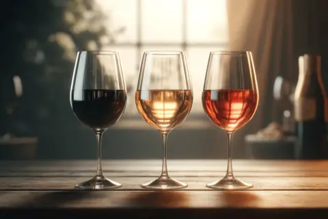 Trois verres de vin, rouge, blanc et rosé, sur une table en bois. La composition du vin rouge est mise en valeur par la lumière douce.