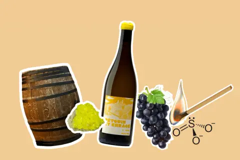 Tonnelier, raisin, bouteille de vin, cristal jaune et formule chimique de sulfites. Le vin et les sulfites, une histoire de conservation.