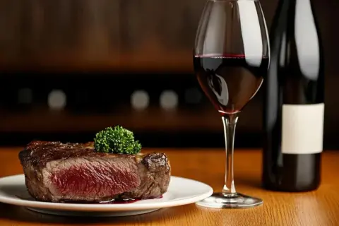 Une succulente entrecôte saignante, garnie d'une touche de persil, accompagnée d'un verre de vin rouge et d'une bouteille.