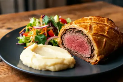 Un bœuf Wellington, parfaitement rôti, servi avec une purée onctueuse et une salade fraîche. Un délice à savourer.