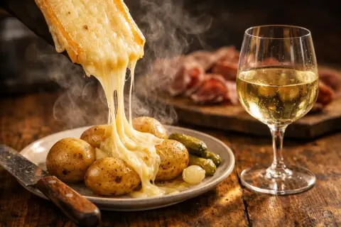 Fromage à raclette fondant sur des pommes de terre, accompagné de cornichons et d'un verre de vin raclette blanc.