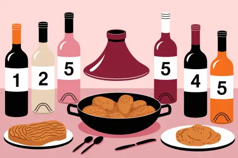 Bouteilles de vin numérotées et un plat de tajine poulet prêt à être dégusté.