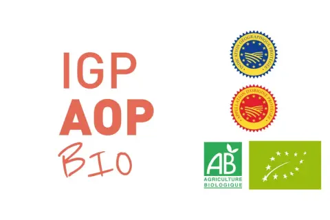 IGP, AOP, BIO : labels garantissant la qualité et l'origine de produits, comme une appellation vin de France. Logos AB et bio européens.