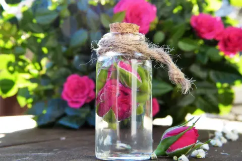 Bouteille en verre remplie de roses et de liquide, avec des roses en arrière-plan. Une idée pour que faire avec un mauvais vin rosé : créer une eau florale !