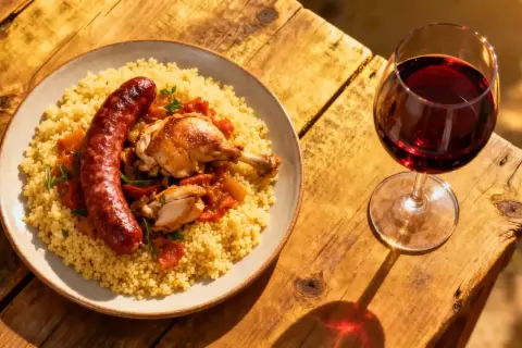Un verre de vin rouge accompagne un plat de couscous avec poulet et merguez, prêt à être dégusté.