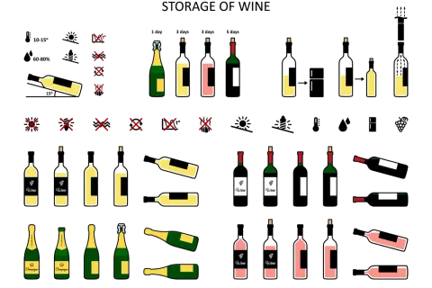 Illustrations de bouteilles de vin et de champagne. La température de conservation du vin blanc est cruciale pour préserver ses arômes.