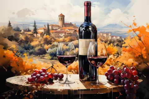 Bouteille de vin rouge, deux verres, grappes de raisin et un village toscan en arrière-plan. La lie de vin, symbole de tradition.
