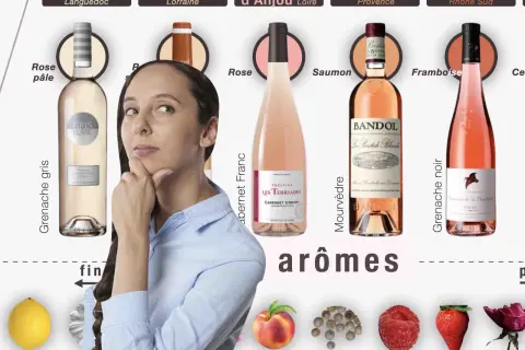 Une femme réfléchit devant des bouteilles de vin rosé, dont un vin rosé PACA. Des arômes de fruits et d'épices sont représentés.