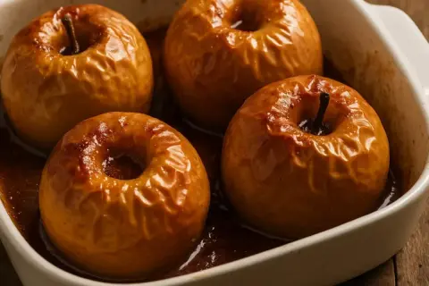 Quatre pommes au four dorées et caramélisées dans un plat blanc, dégageant un arôme réconfortant.