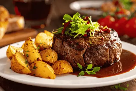 Un succulent filet mignon, cuit à la perfection dans le air fryer, servi avec des pommes de terre rôties et une sauce riche.