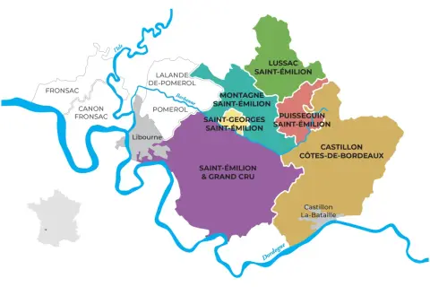Carte des appellations de la région Saint-Émilion, montrant les différentes communes viticoles comme Montagne, Lussac et Saint-Georges.