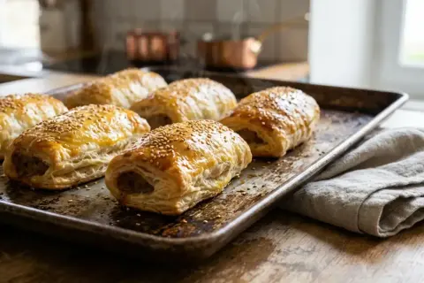 Six feuilletés saucisse dorés et parsemés de graines de sésame sur une plaque de cuisson.