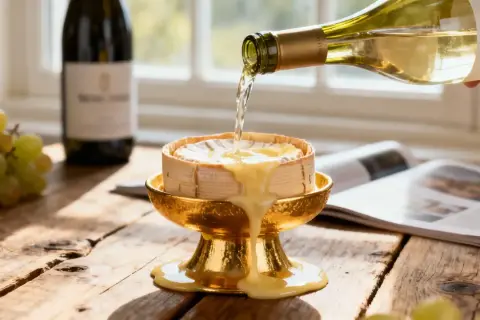 Un vin blanc Mont d'Or coule sur un fromage fondant dans un plat doré. Des raisins verts et une bouteille de vin complètent la scène.