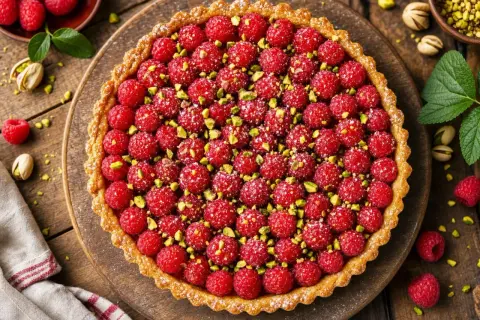 Une délicieuse tarte framboise, généreusement garnie de fruits rouges frais et parsemée de pistaches concassées, sur un fond de bois rustique.