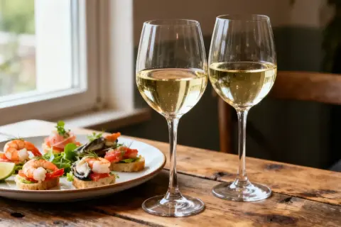 Deux verres de vin blanc pétillant, accompagnés de délicieux toasts aux fruits de mer et d'une tranche de citron vert.