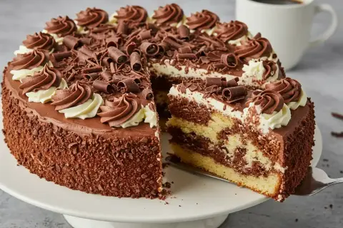 Un délicieux gâteau marbré au chocolat, décoré de crème et de copeaux de chocolat, avec une part coupée.