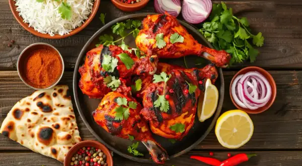 Poulet tandoori grillé, garni de coriandre fraîche, servi avec du riz basmati, du pain naan et des oignons rouges.