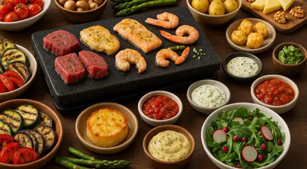 Une pierrade avec bœuf, saumon, crevettes, légumes grillés et sauces. Quel vin avec une pierrade ? Un blanc sec ou un rouge léger serait parfait.