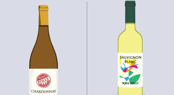 Illustration comparant deux bouteilles de vin : Chardonnay (brun) et Sauvignon Blanc (jaune). Découvrez la différence entre Chardonnay et Sauvignon.