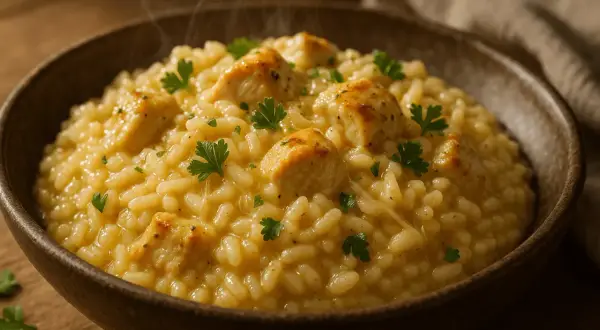 Un crémeux risotto poulet, parsemé de persil frais, dégage une vapeur appétissante dans un bol en bois.