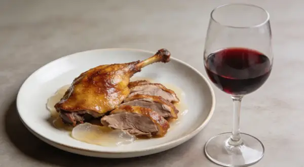 Un plat de confit de canard, coupé en tranches, servi avec une sauce légère, accompagné d'un verre de vin rouge.