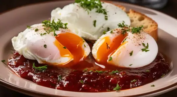 Œufs meurette sur lit de sauce rouge, garni de persil frais. Un délice pour le petit-déjeuner.