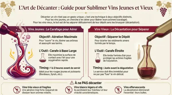 Illustration montrant comment carafer un vin jeune pour l'aérer et décante un vin vieux pour séparer le dépôt. Le vin trouble est versé dans une carafe.