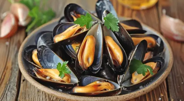 Assiette de moules savoureuses, garnie de persil. La quantité de moules par personne semble généreuse pour un repas délicieux.
