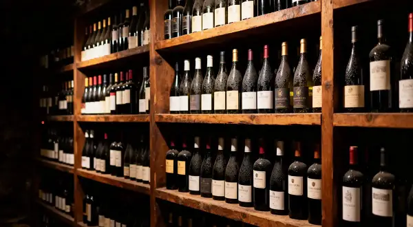 Rayons de cave à vin remplis de bouteilles. La différence entre une cave à vin de service et de vieillissement est subtile, mais la conservation est clé.