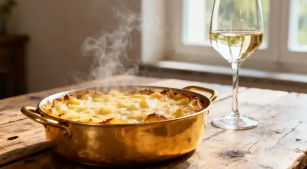 Croziflette fumante dans un plat en cuivre à côté d'un verre de vin blanc.