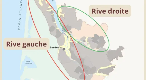 Carte de Bordeaux et ses environs, délimitant la rive gauche et la rive droite.