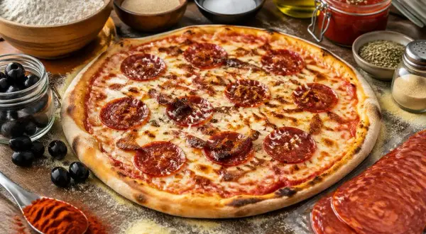 Une pizza chorizo appétissante, garnie de rondelles de chorizo croustillantes, entourée d'ingrédients frais : farine, olives, épices et sauce tomate.