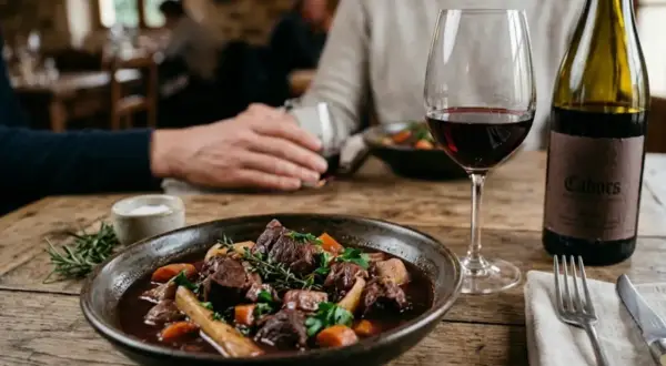 Un plat de sanglier en sauce, garni d'herbes, servi avec un verre de vin rouge et une bouteille de Cahors. Parfait pour savoir quel vin avec sanglier en sauce.