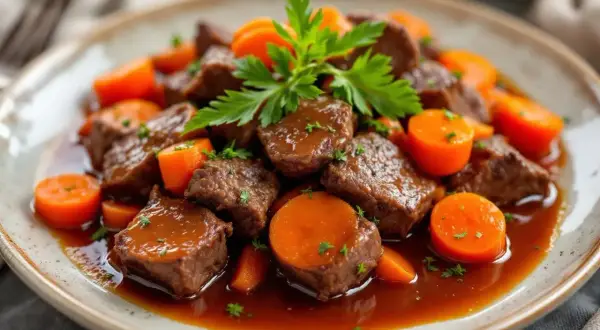 Un plat réconfortant de boeuf carottes mijoté, garni de persil frais. Les morceaux de viande tendres nagent dans une sauce riche, entourés de rondelles de carottes orangées.
