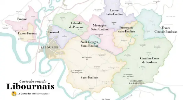 Carte des vins du Libournais, montrant les appellations de Bordeaux comme Saint-Émilion, Pomerol, Fronsac et Côtes de Bordeaux.