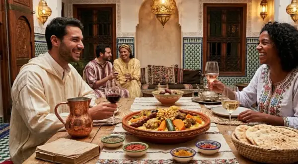 Un groupe d'amis partage un repas festif de couscous et de vin dans un patio marocain.