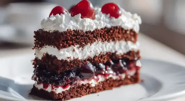 Tranche de forêt noire, un gâteau au chocolat moelleux garni de crème fouettée et de cerises juteuses.