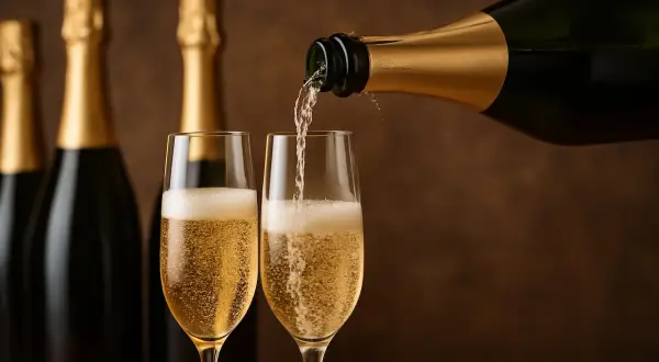 Une bouteille de champagne verse dans deux coupes. Derrière, d'autres bouteilles dorment. Combien de coupes dans une bouteille de champagne ? La fête commence !