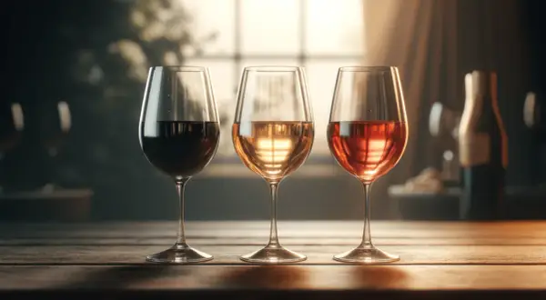 Trois verres de vin, rouge, blanc et rosé, sur une table en bois. La composition du vin rouge est mise en valeur par la lumière douce.