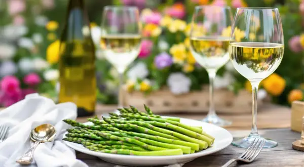 Un plateau d'asperges vertes fraîches, une bouteille de vin blanc et deux verres remplis de vin, sur une table en bois avec des fleurs en arrière-plan. La question quel vin avec asperges est parfaitement illustrée.