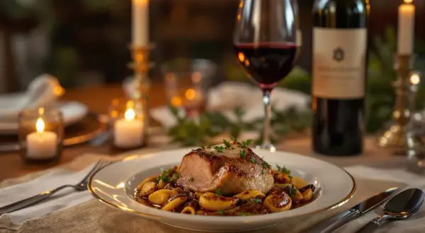 Un plat de parmentier de canard, un verre de vin rouge et des bougies créent une ambiance chaleureuse. Quel vin avec parmentier de canard ? Un Pinot Noir serait parfait.