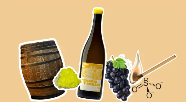Tonnelier, raisin, bouteille de vin, cristal jaune et formule chimique de sulfites. Le vin et les sulfites, une histoire de conservation.