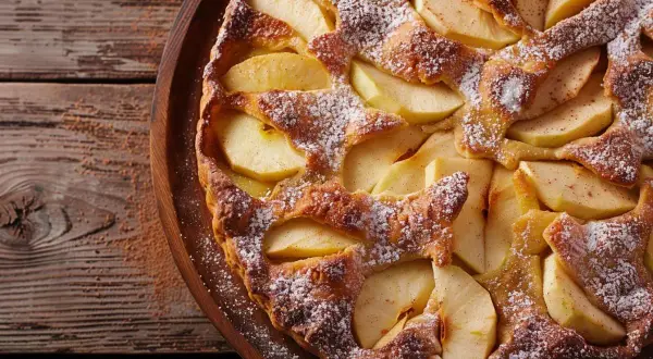 Un délicieux clafoutis aux pommes, saupoudré de sucre glace, repose sur un plateau en bois rustique.