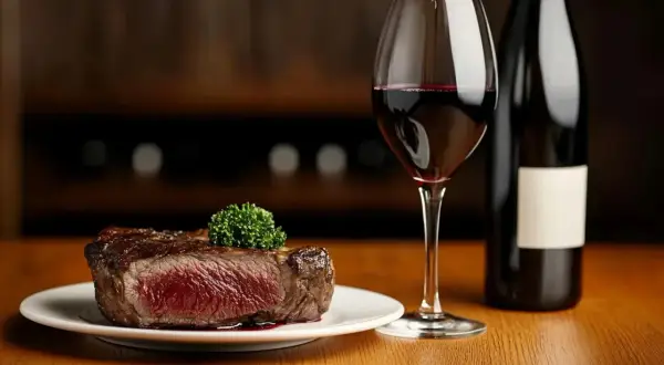 Une succulente entrecôte saignante, garnie d'une touche de persil, accompagnée d'un verre de vin rouge et d'une bouteille.