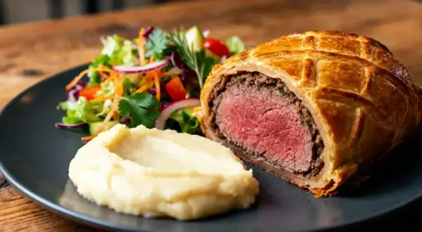 Un bœuf Wellington, parfaitement rôti, servi avec une purée onctueuse et une salade fraîche. Un délice à savourer.